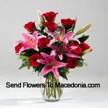Lilies And Rose In A Vase Including Seasonal Fillers Delivered in Macedonia
