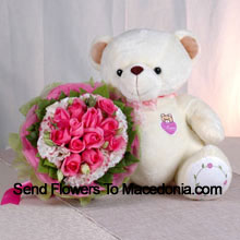 Bunch Of 11 Pink Roses And A Medium Sized Cute Teddy Bear Delivered in Macedonia