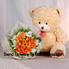 Bunch Of 11 Orange Roses And A Medium Sized Cute Teddy Bear Delivered in Macedonia