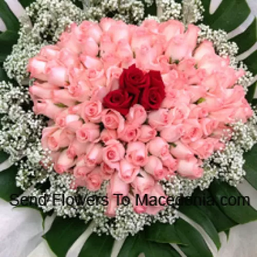 Bunch Of 96 Pink And 3 Red Roses With Seasonal Fillers