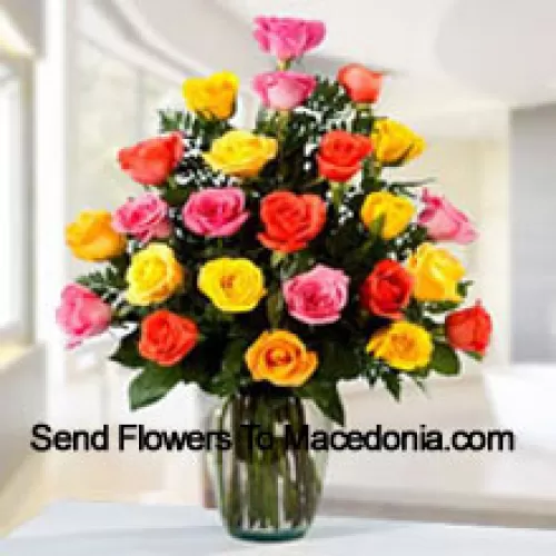 25 Mixed Colored Roses In A Vase
