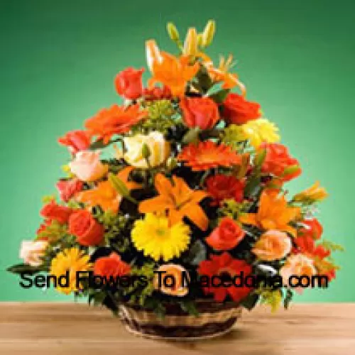 Basket Of Assorted Flowers Including Roses and Gerberas Of Assorted Color. This Basket Also Has Seasonal Fillers