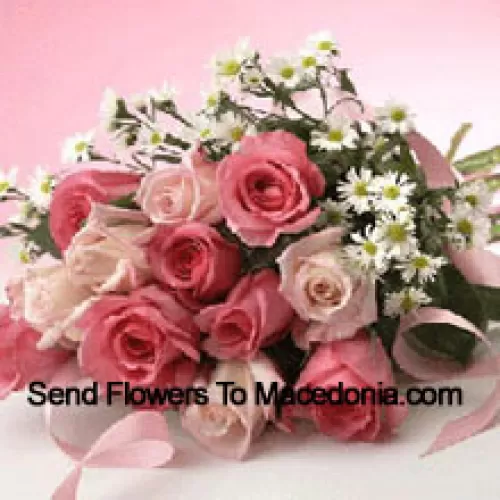 Bunch Of 11 Pink Roses With Purple Statice