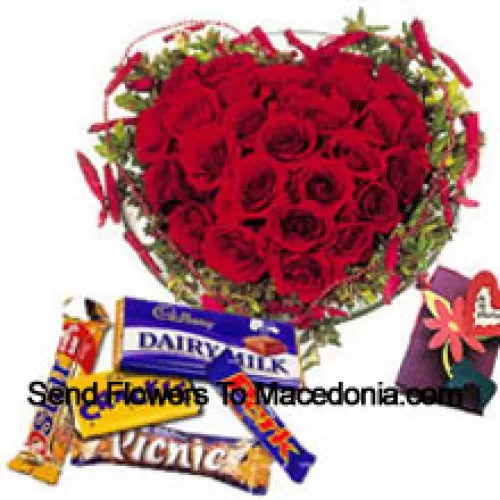 Heart Shaped Arrangement Of 41 Red Roses, Assorted Chocolates And A Free Greeting Card