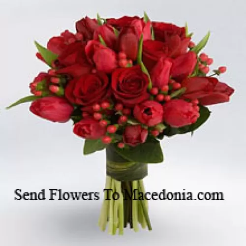 Bunch Of Red Roses And Red Tulips With Red Seasonal Fillers. This Is The Hottest Selling Product This Valetine Season