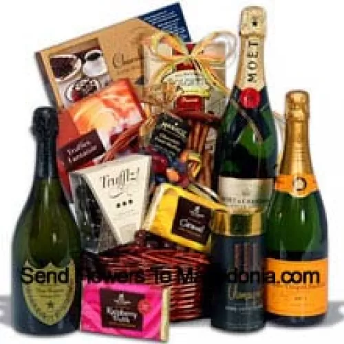 This Christmas Gift Basket Includes Moet & Chandon White Star Champagne - 750 ml, Veuve Clicquot Ponsardin Yellow Label - 750 ml, Dom Perignon - 750 ml, Champagne Trufflz by Marich, Toasted Almond Chocolate Lace by Hauser Chocolatier, Dark Raspberry Truffle Bar by Lake Champlain Chocolates,  Milk Caramel Truffle Bar by Lake Champlain, Truffles Fantaisie by Guyaux Chocolatier, Champagne Sticks by Sweet Candy, Chocolate Fruit Medley in Colored Shells by Marich And Chocolate Wafer Rolls by Dolcetto. (Contents of basket including wine may vary by season and delivery location. In case of unavailability of a certain product we will substitute the same with a product of equal or higher value)
