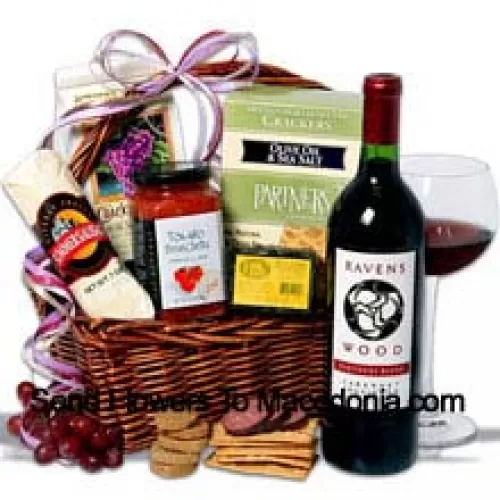 This Christmas Gift basket includes Ravenswood Cabernet Sauvignon – 750 ml, Hors Doeuvre Deli Style Crackers by Partners, Tomato Bruschetta by Elki, Red Wine Biscuit by American Vintage, Hickory & Maple Smoked Cheese by Sugarbush Farm and Butcher Wrapped Summer Sausage by Sparrer Sausage Co. (Contents of basket including wine may vary by season and delivery location. In case of unavailability of a certain product we will substitute the same with a product of equal or higher value)