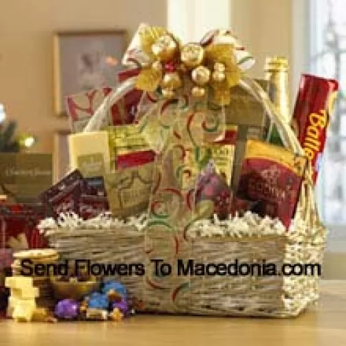 This gift basket shines for the Easter  with a great selection of gourmet food for all. A shimmering basket holds Dutch Gouda Cheese Biscuits, Crantastic Snack Mix, Chocolate Cocoa, Scottish Shortbread Fingers, Roasted Peanuts, assorted Godiva Dark Chocolates, Smoky Cheddar, Fancy Water Crackers, Swedish Ballerina Cookies, Mints, Bellagio Caramella Coffee, Tea, and non-alcoholic Sparkling Apple Cider. It makes a nicely balanced selection of sweet and savory foods that are sure to please. (Please Note That We Reserve The Right To Substitute Any Product With A Suitable Product Of Equal Value In Case Of Non-Availability Of A Certain Product)