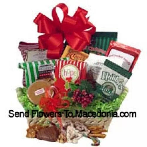 Celebrate holiday traditions with a gift that boasts good taste! The festive natural basket is packed full of delicious time-honored treats. We've included peanuts, fudge, pretzels, cheddar biscuits, cookies, snack mix, peanut brittle, sprinkled pretzels, Popcorn and chocolate filled peppermints. We've also included a keepsake tree ornament to top off this heartfelt holiday gift. (Please Note That We Reserve The Right To Substitute Any Product With A Suitable Product Of Equal Value In Case Of Non-Availability Of A Certain Product)